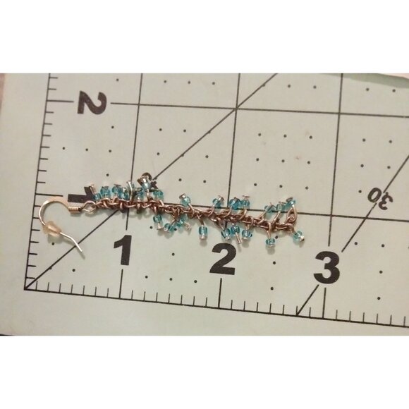 Chain Dangle Earrings Blue Aqua Glass Beads Unique Artisan - Picture 3 of 6